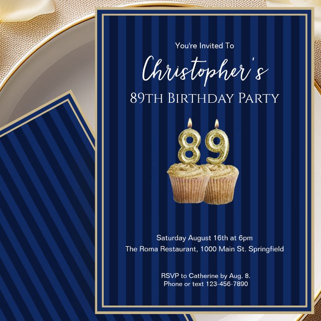 Unique Blue Gold 89th Birthday Invitation For Him (Creator Uploaded)