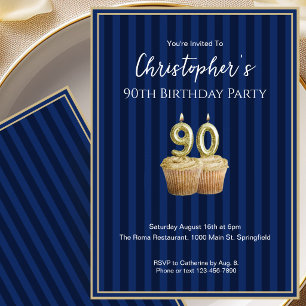 Unique Blue Gold 90th Birthday Invitation For Him
