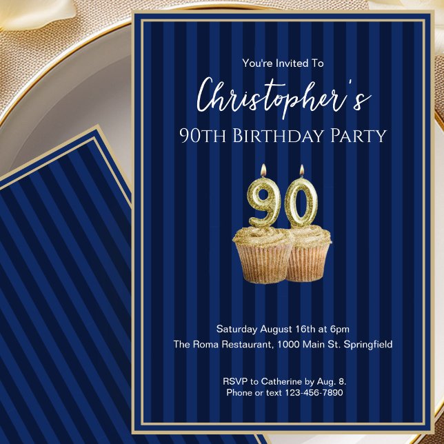 Unique Blue Gold 90th Birthday Invitation For Him (Creator Uploaded)