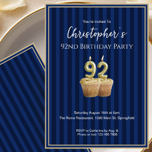 Unique Blue Gold 92nd Birthday Invitation For Him