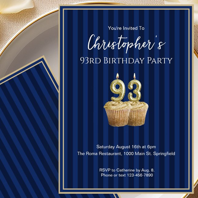 Unique Blue Gold 93rd Birthday Invitation For Him (Creator Uploaded)