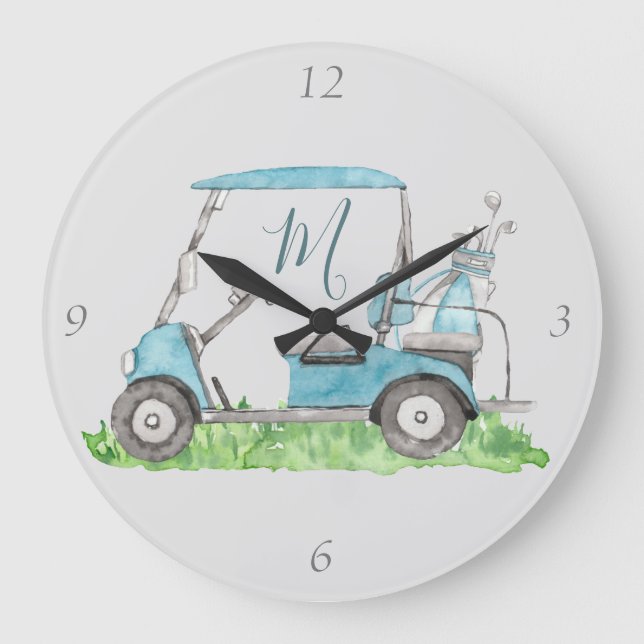Unique Blue Golf Cart Monogram Watercolor Large Clock (Front)