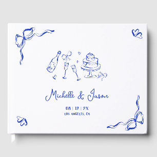 Unique Blue Hand Drawn French Bow and Champagne Guest Book