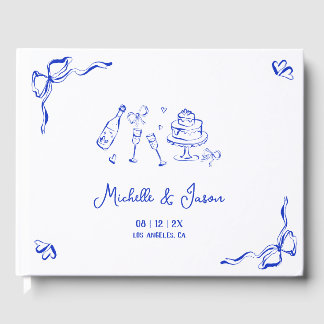 Unique Blue Hand Drawn French Bow and Champagne Guest Book