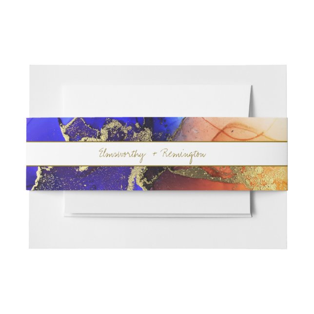 Unique Blue Orange Alcohol Ink Wedding Invitation Belly Band (Front Example)