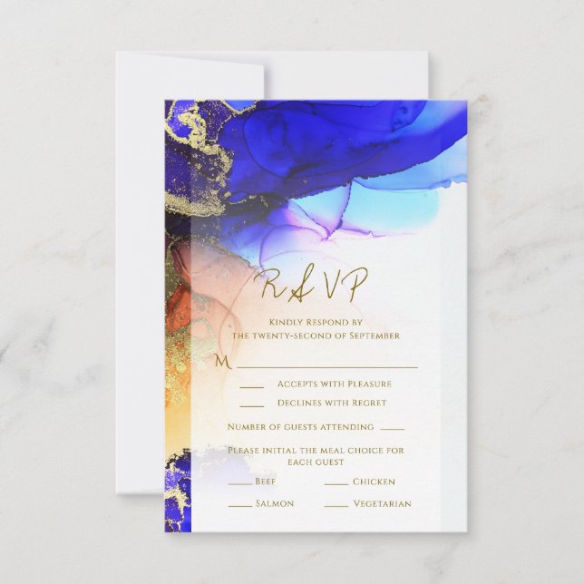 Unique Blue Orange Gold Wedding RSVP Card (Front)