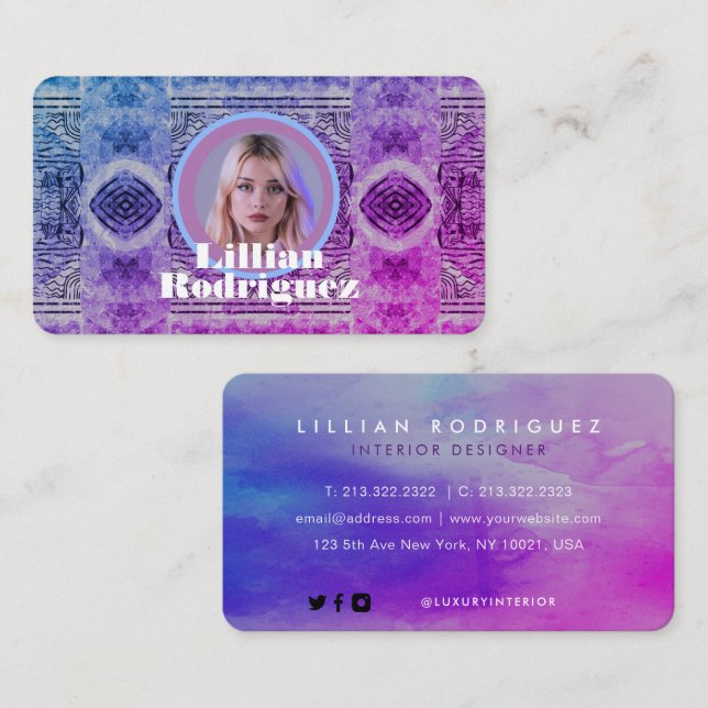 Unique Blue Pink and Violet Ornamental Photo Business Card (Front/Back)