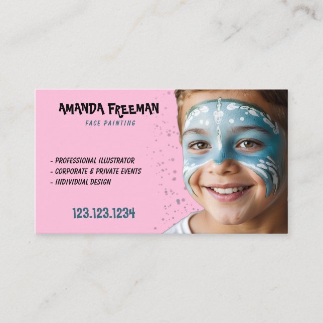 Unique Blue & Pink Children Face Painting Business Card (Front)