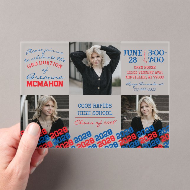 Unique Blue & Red Graduation 3 Photo Frosted  Acrylic Invitations (Insitu (Handheld))