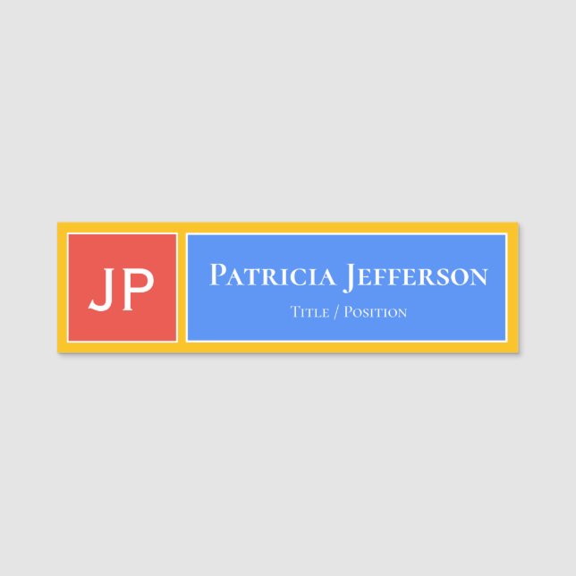 Unique Blue Red Yellow Monogram Professional Name Tag (Front)