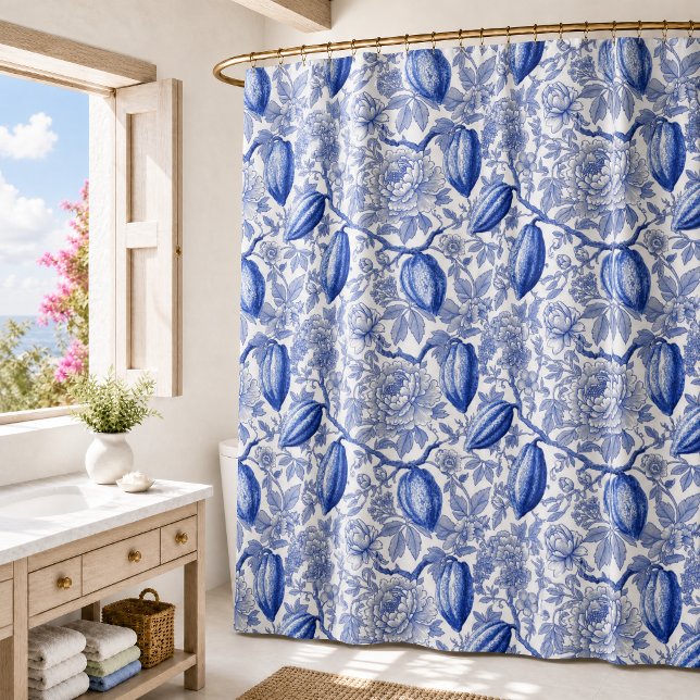 Unique Blue Toile Cocoa Chic Botanical Pattern Shower Curtain (Creator Uploaded)