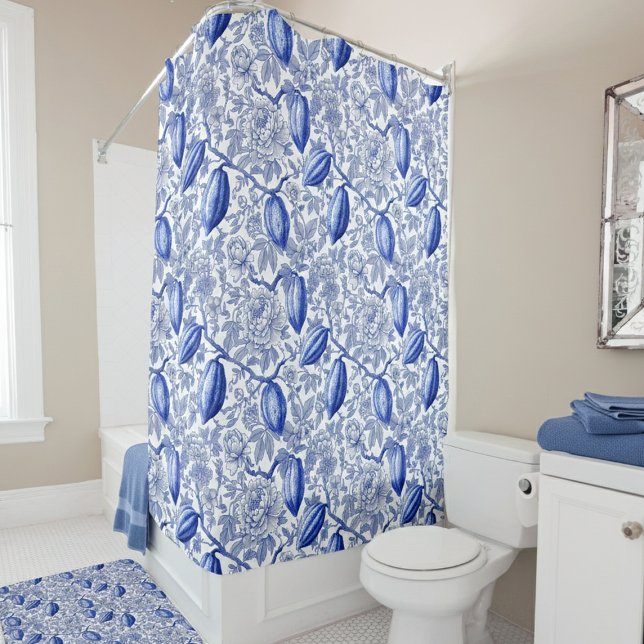 Unique Blue Toile Cocoa Chic Botanical Pattern Shower Curtain (Creator Uploaded)