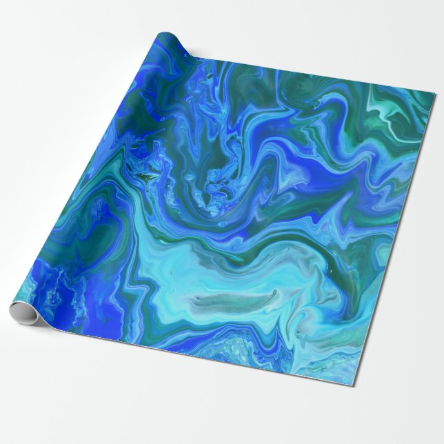 Unique Blue Turquoise Navy Abstract Fluid Art Wrapping Paper (Unrolled)