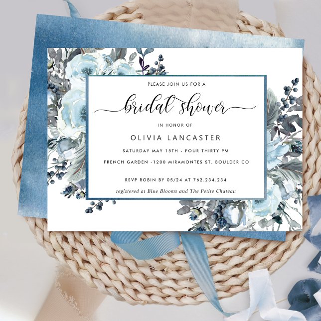 Unique Blue Watercolor, Blue Floral Bridal Shower Invitation (Creator Uploaded)