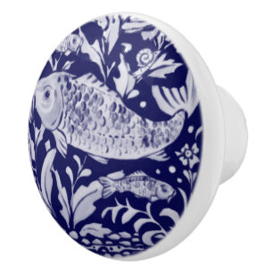 Unique Blue & White Koi Fish Stylised Pond Plant   Ceramic Knob