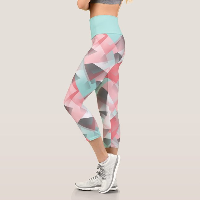 Unique Blush Coral Pink Mint Green Art Pattern Capri Leggings (Left)