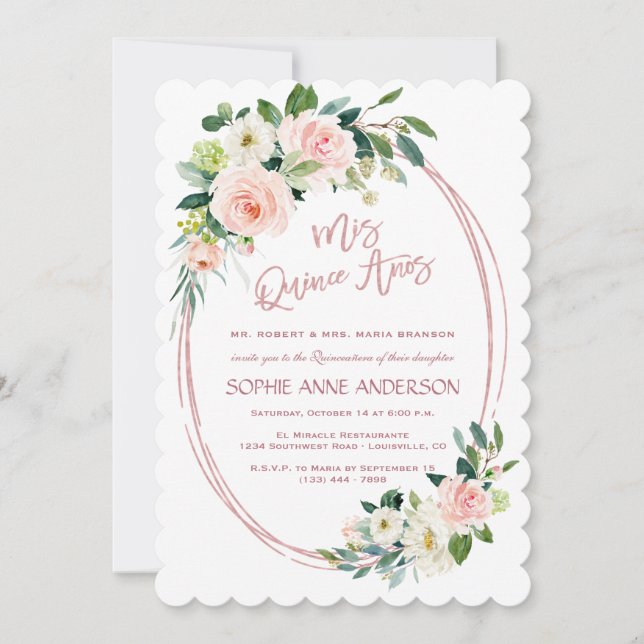 Unique Blush Cream Flowers Rose Gold Quinceañera Invitation (Front)