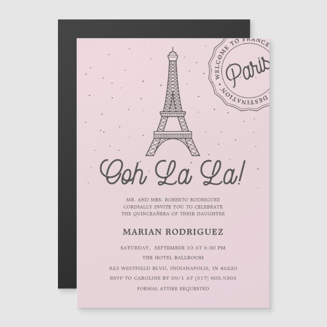 Unique Blush Eiffel Tower Paris Quinceañera Magnetic Invitation (Front/Back)