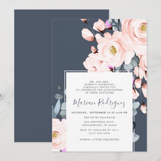 Unique Blush & Navy Watercolor Floral Quinceañera Invitation (Front/Back)