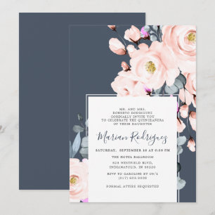 Unique Blush & Navy Watercolor Floral Quinceañera Invitation