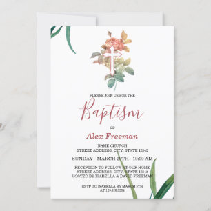 Unique Blush Pink Script Floral Girl Baptism Invitation