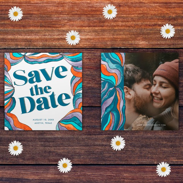 Unique Bold Boho Groovy Retro Blue Wavy Photo Save The Date (Front and Back)