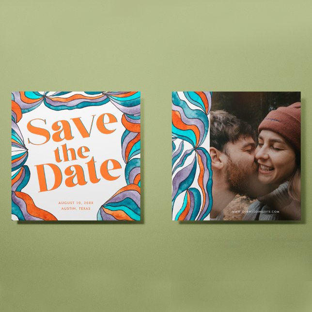 Unique Bold Boho Groovy Retro Colourful Wavy Photo Save The Date (Front and Back)