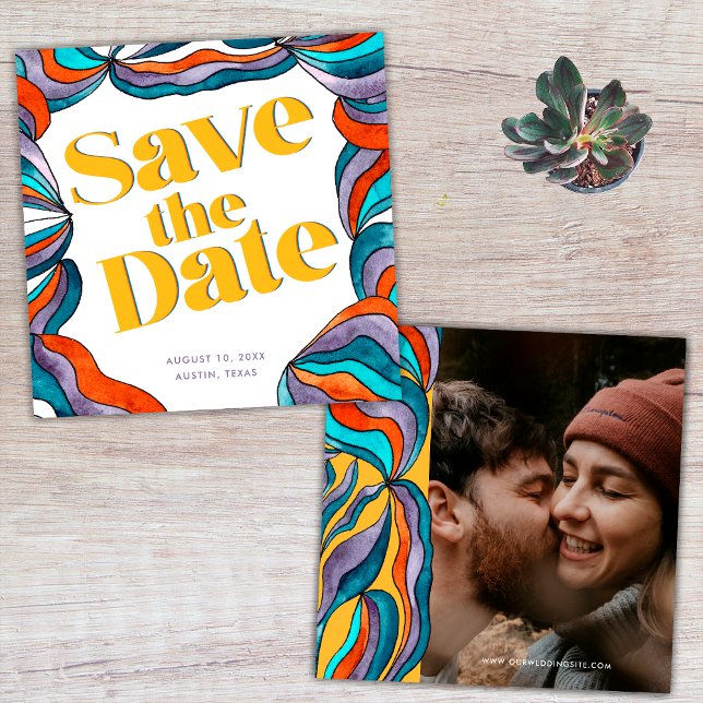 Unique Bold Boho Groovy Retro Yellow Wavy Photo Save The Date (Front and Back)