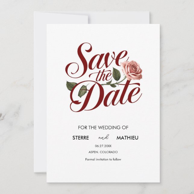 Unique Botanical Red Rose Wedding Save The Date (Front)