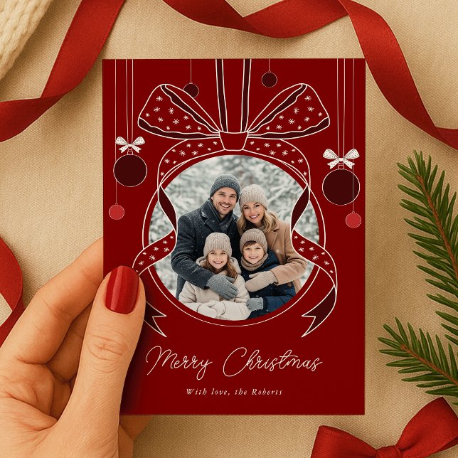 Unique Bow Christmas Ornament Ball Red One Photo Holiday Card (elegant whimsical bows Christmas ornament photo holiday cards in red and white)
