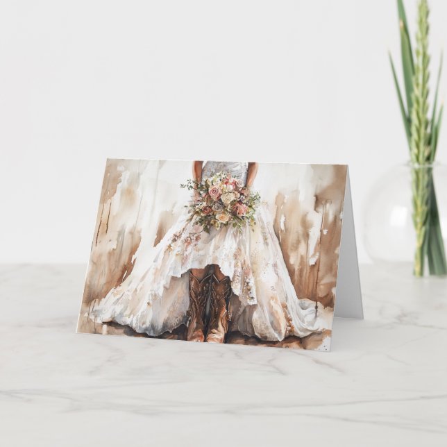 Unique Bride with Bouquet and Cowboy Boots Card (Front)