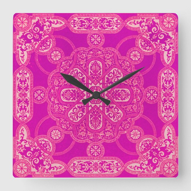 Unique Bright Colourful Pink Purple Ornate Pattern Square Wall Clock (Front)