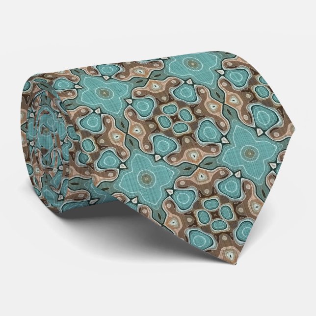 Unique Brown Aqua Turquoise Teal Green Tribal Art Tie (Rolled)