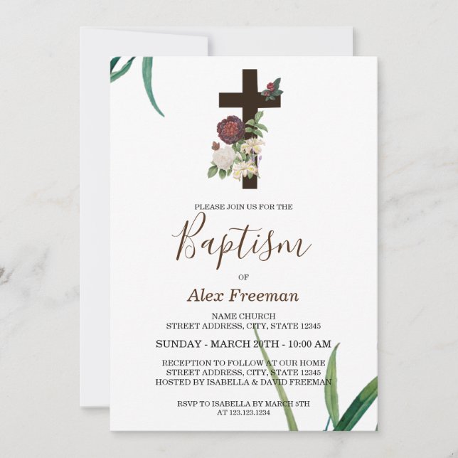 Unique Brown Script Floral Christening & Baptism Invitation (Front)