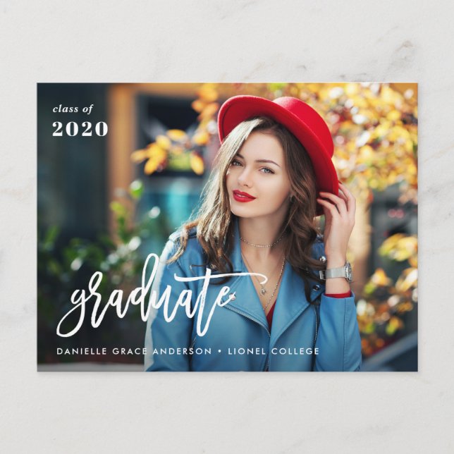 Unique brush script graduation announcement postcard (Front)