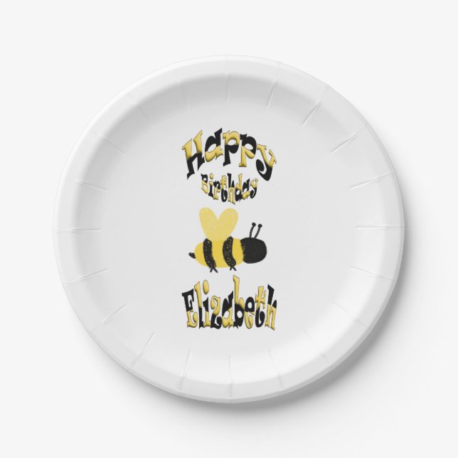 Unique Bumblebee Doodle Personalised Drawing B-Day Paper Plate (Front)