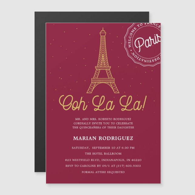 Unique Burgundy and Gold Eiffel Tower Quinceañera Magnetic Invitation (Front/Back)