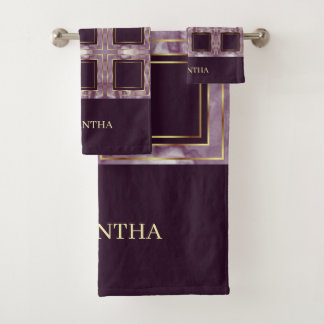 Unique Burgundy And Gold Repeat Squares Name Bath Towel Set
