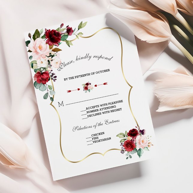 Unique Burgundy Blush Flowers Gold Wedding RSVP Card (Creator Uploaded)
