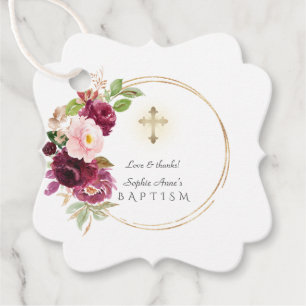 Unique Burgundy Blush Saffron Floral Gold Baptism Favour Tags