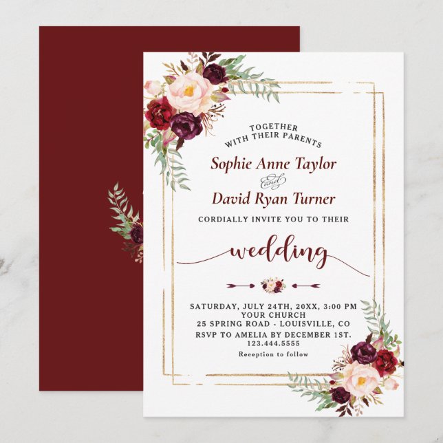 Unique Burgundy Marsala Floral Handwriting Wedding Invitation (Front/Back)
