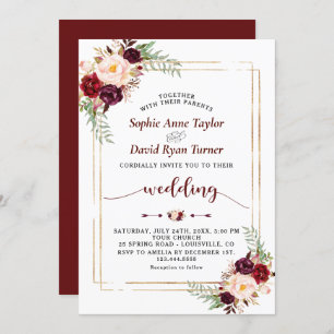 Unique Burgundy Marsala Floral Handwriting Wedding Invitation