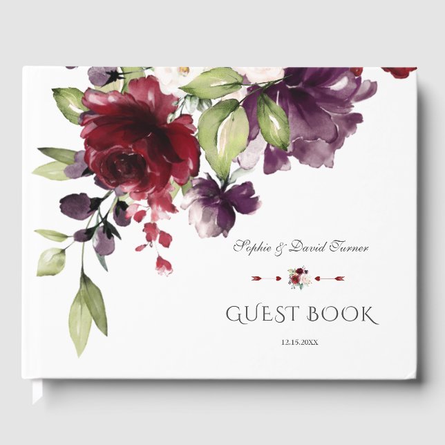 Unique Burgundy Purple Watercolor Flowers Wedding Guest Book (Front)