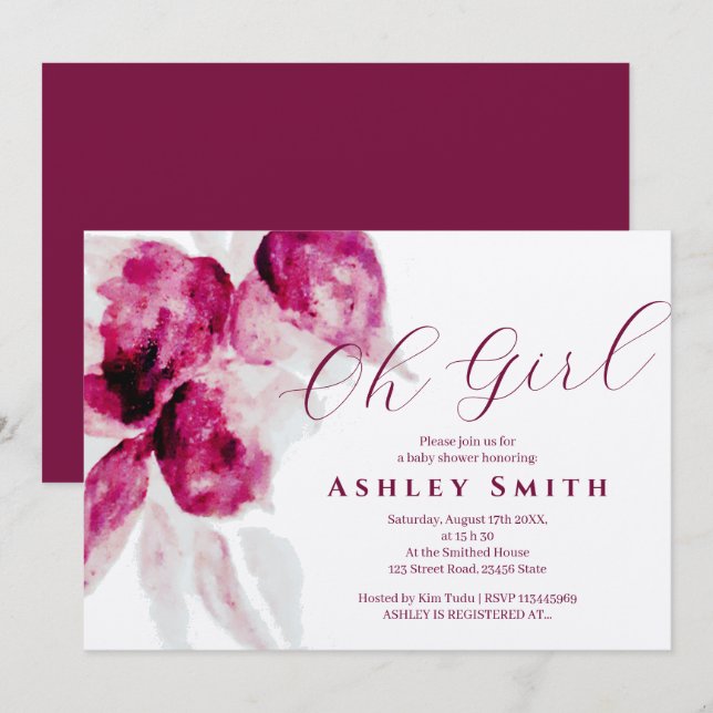 Unique Burgundy Watercolor Floral Baby Girl Shower Invitation (Front/Back)