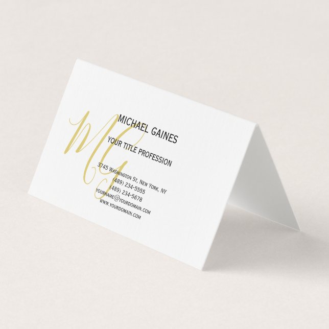 Unique Calligraphy Gold Colour Monogram White Business Card (Front)