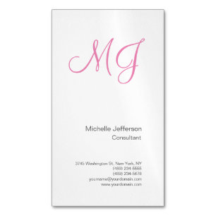 Unique Calligraphy Monogram White Pink Initials  Magnetic Business Card