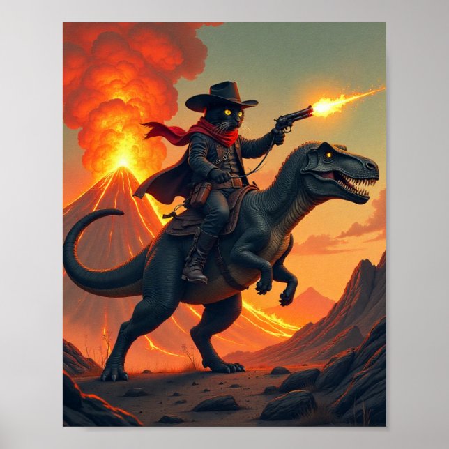 Unique Cat Cowboy Riding Dinosaur | Cat Cowboy Poster (Front)