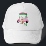 Unique Charming Pink Golf Cart Clubs Monogram   Trucker Hat<br><div class="desc">A charming unique golf cart -- pink and green -- tastefully done -- ready to run the course -- hat --This is a great gift for all golf lovers -- fun / attractive / unique. Personalise it with your/her initials/monogram. If you have any design questions or a special request, please...</div>