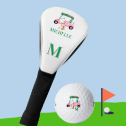 Unique Charming Pink Green Golf Cart Monogram Golf Head Cover