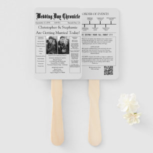 Unique Chic QR Code Grey Newspaper Wedding Program Hand Fan